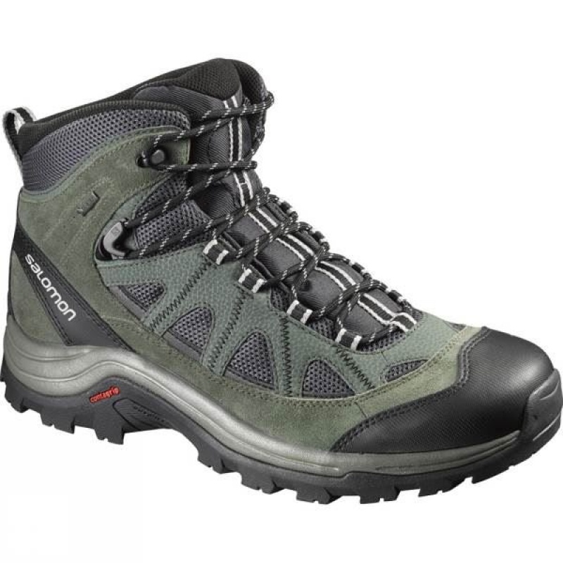 Men\'s Salomon Authentic Leather GTX Walking Boots Green / Dark Grey India | MQ28-265